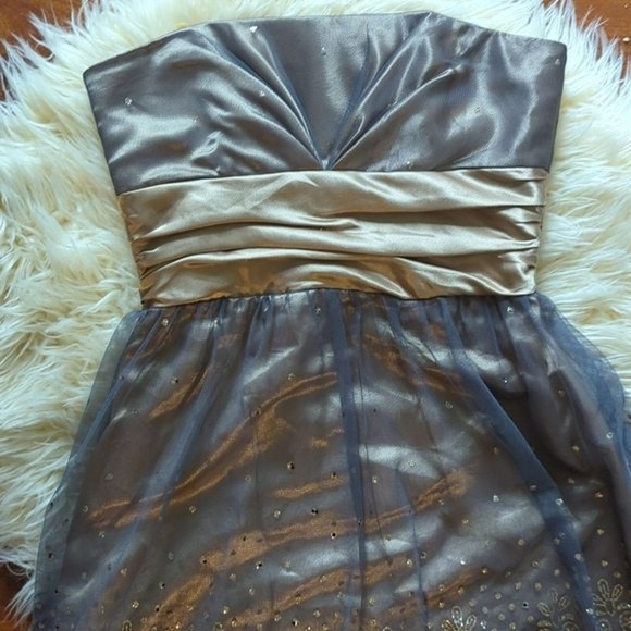 Masquerade Strapless Gold Formal Mini Dress with Lace Shrug/ size 1/2 - Picture 5 of 10